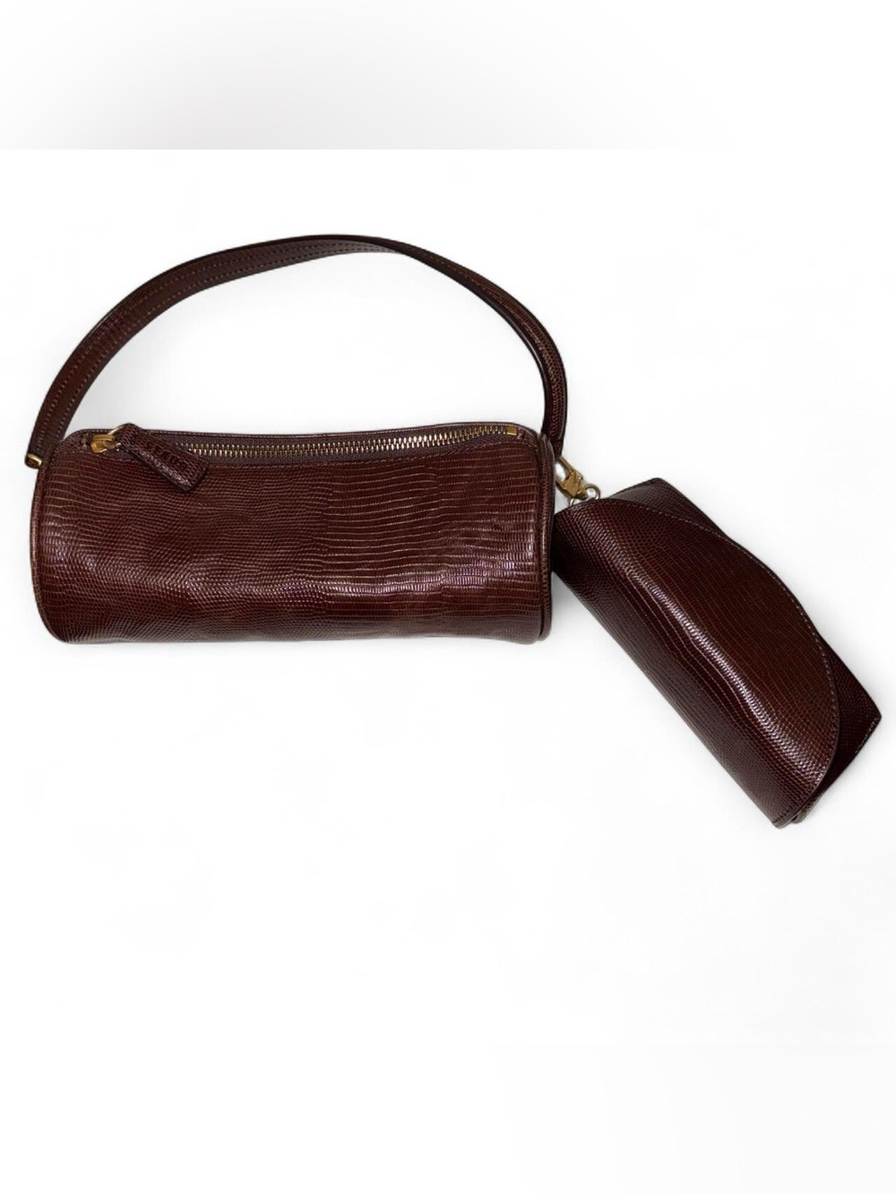 Staud Suzy brown crocodile leather cylinder baguette handbag